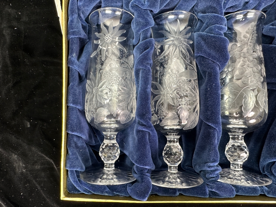 Rare Genuine Meissen (Germany) Cut Crystal Mouth-Blown Hand-Sanded Stemware Glasses Mixed 3 Different Patterns With Original Box - 6 Glasses Total 6.5'H [Photo 3]