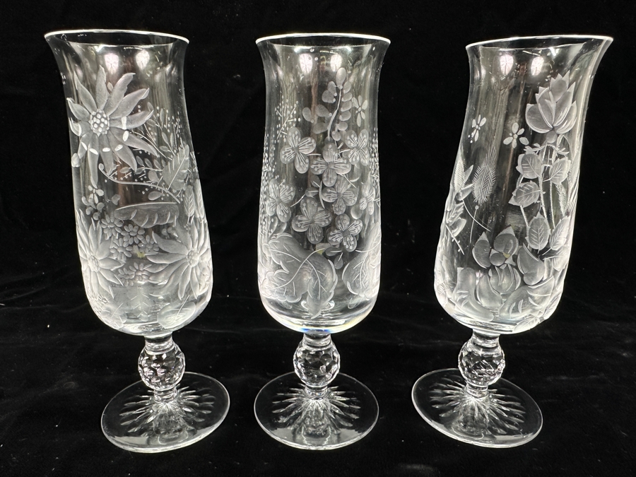 Rare Genuine Meissen (Germany) Cut Crystal Mouth-Blown Hand-Sanded Stemware Glasses Mixed 3 Different Patterns With Original Box - 6 Glasses Total 6.5'H [Photo 6]