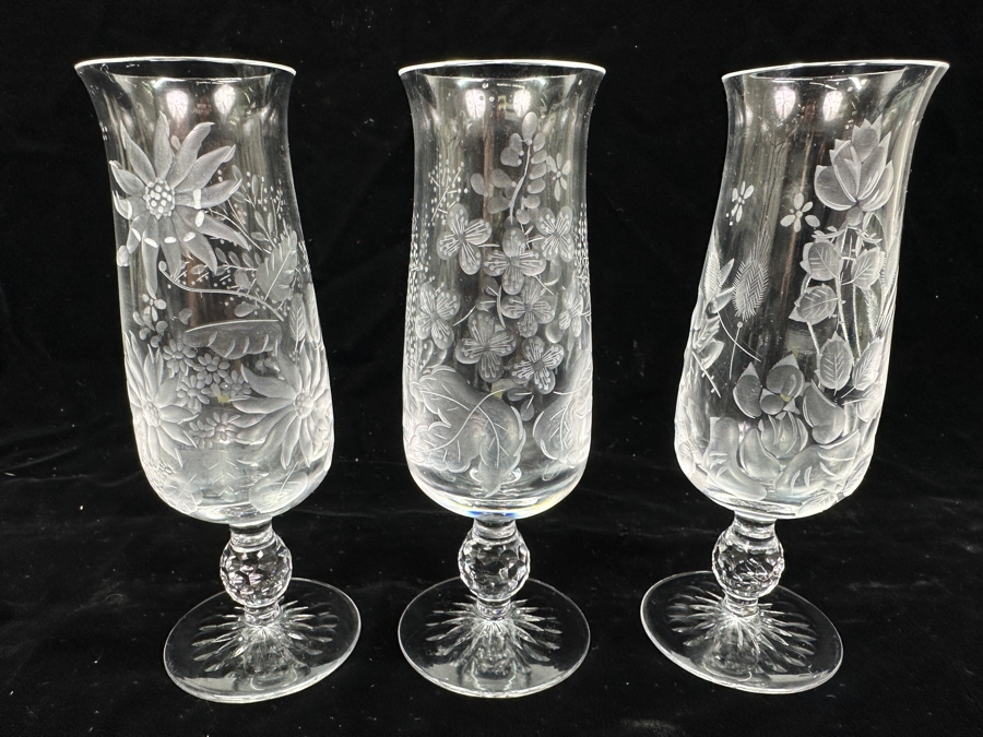 Rare Genuine Meissen (Germany) Cut Crystal Mouth-Blown Hand-Sanded Stemware Glasses Mixed 3 Different Patterns With Original Box - 6 Glasses Total 6.5'H [Photo 2]