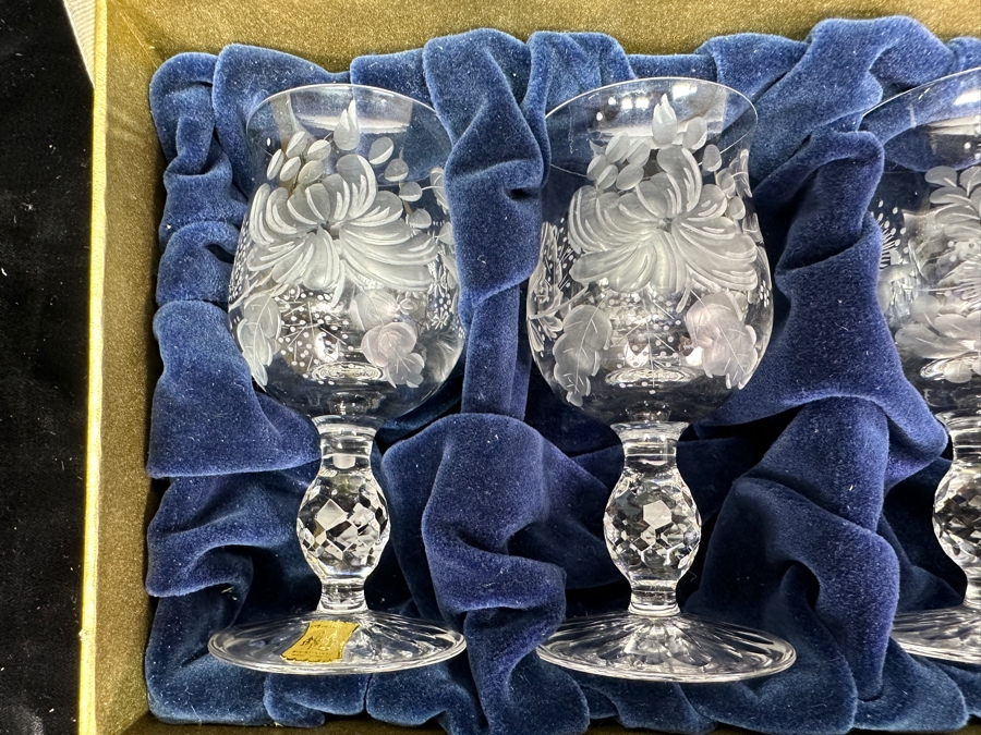 Rare Genuine Meissen (Germany) Cut Crystal Mouth-Blown Hand-Sanded Stemware Glasses Mixed 3 Different Patterns With Original Box - 6 Glasses Total 4.25'H [Photo 3]
