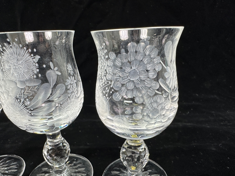 Rare Genuine Meissen (Germany) Cut Crystal Mouth-Blown Hand-Sanded Stemware Glasses Mixed 3 Different Patterns With Original Box - 6 Glasses Total 4.25'H [Photo 11]