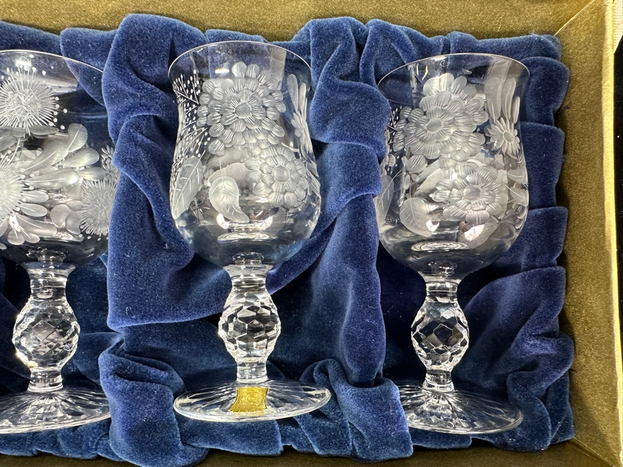 Rare Genuine Meissen (Germany) Cut Crystal Mouth-Blown Hand-Sanded Stemware Glasses Mixed 3 Different Patterns With Original Box - 6 Glasses Total 4.25'H [Photo 5]