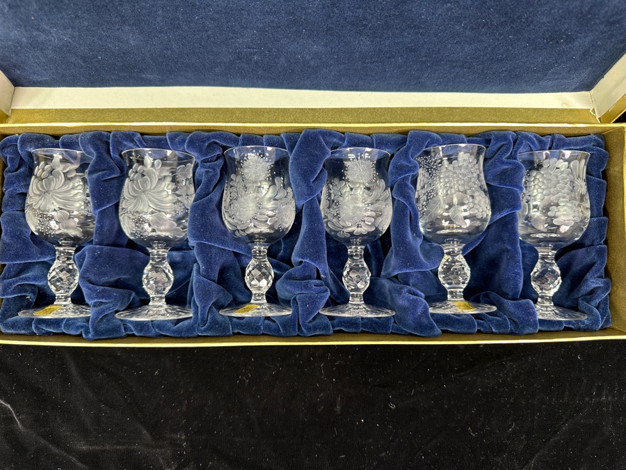 Rare Genuine Meissen (Germany) Cut Crystal Mouth-Blown Hand-Sanded Stemware Glasses Mixed 3 Different Patterns With Original Box - 6 Glasses Total 4.25'H