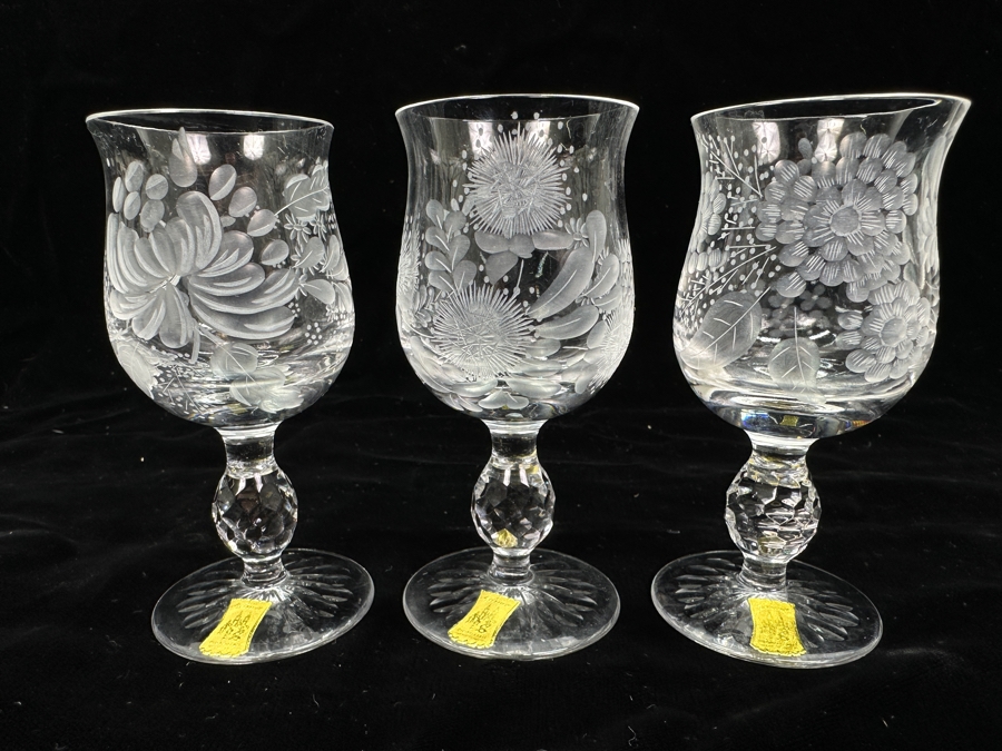 Rare Genuine Meissen (Germany) Cut Crystal Mouth-Blown Hand-Sanded Stemware Glasses Mixed 3 Different Patterns With Original Box - 6 Glasses Total 4.25'H [Photo 7]