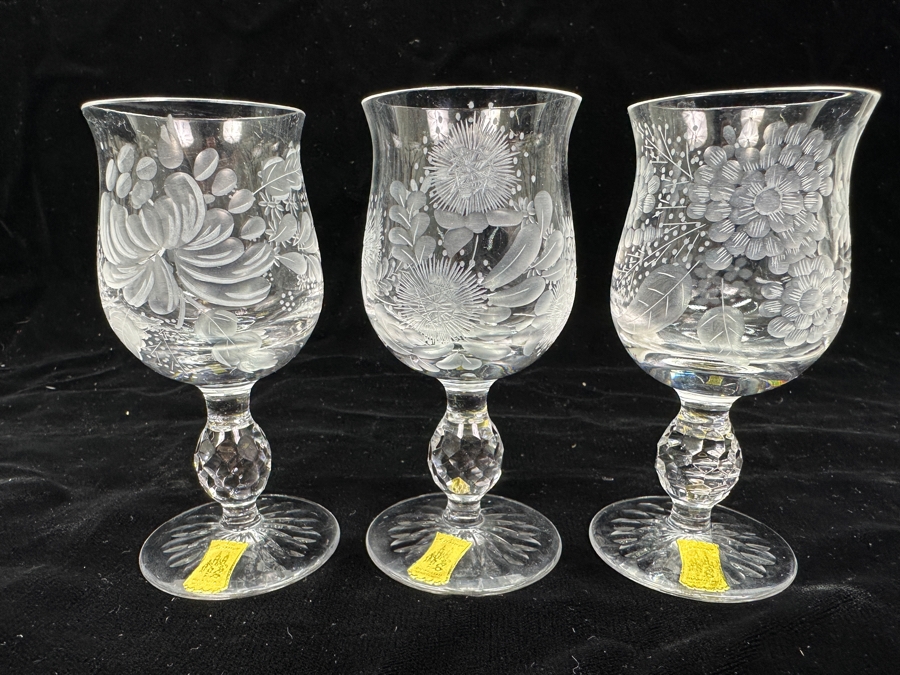 Rare Genuine Meissen (Germany) Cut Crystal Mouth-Blown Hand-Sanded Stemware Glasses Mixed 3 Different Patterns With Original Box - 6 Glasses Total 4.25'H [Photo 2]