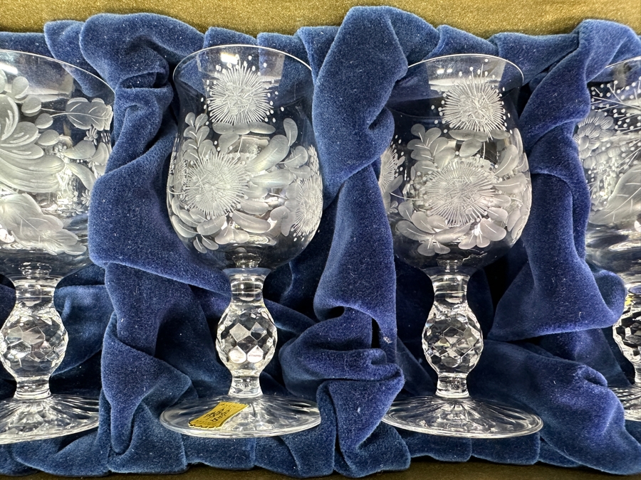 Rare Genuine Meissen (Germany) Cut Crystal Mouth-Blown Hand-Sanded Stemware Glasses Mixed 3 Different Patterns With Original Box - 6 Glasses Total 4.25'H [Photo 4]