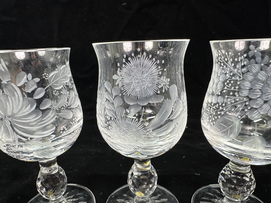 Rare Genuine Meissen (Germany) Cut Crystal Mouth-Blown Hand-Sanded Stemware Glasses Mixed 3 Different Patterns With Original Box - 6 Glasses Total 4.25'H [Photo 9]