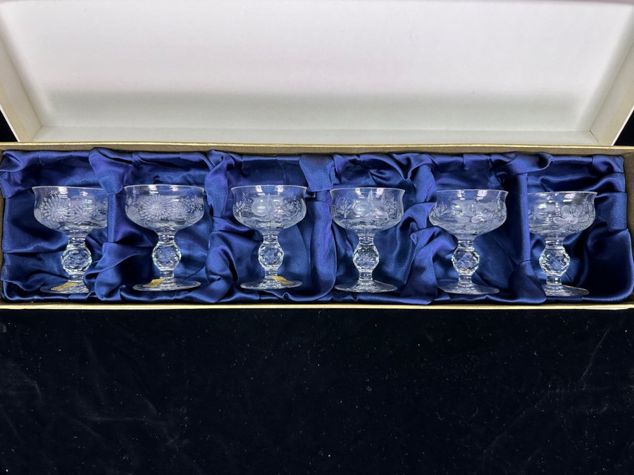 Rare Genuine Meissen (Germany) Cut Crystal Mouth-Blown Hand-Sanded Stemware Glasses Mixed 3 Different Patterns With Original Box - 6 Glasses Total 3-1/8'H