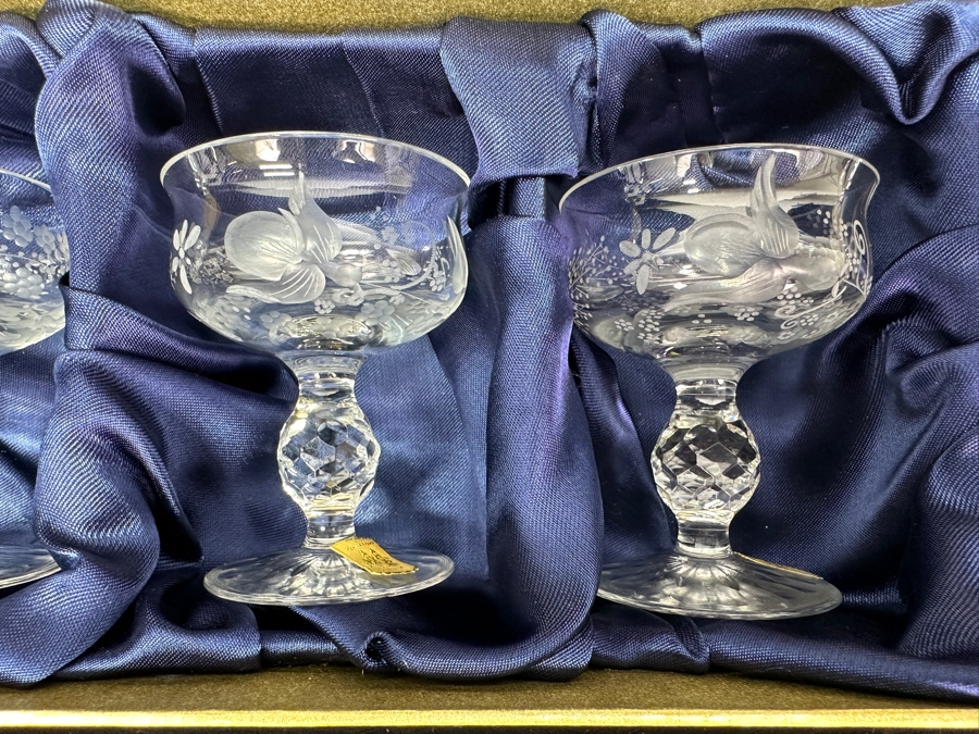 Rare Genuine Meissen (Germany) Cut Crystal Mouth-Blown Hand-Sanded Stemware Glasses Mixed 3 Different Patterns With Original Box - 6 Glasses Total 3-1/8'H [Photo 4]