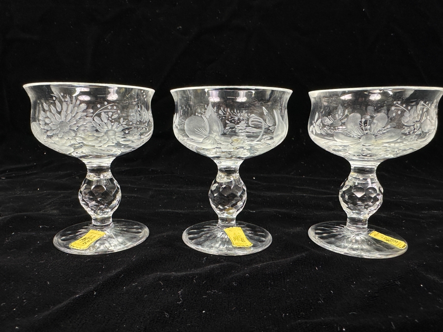 Rare Genuine Meissen (Germany) Cut Crystal Mouth-Blown Hand-Sanded Stemware Glasses Mixed 3 Different Patterns With Original Box - 6 Glasses Total 3-1/8'H [Photo 2]