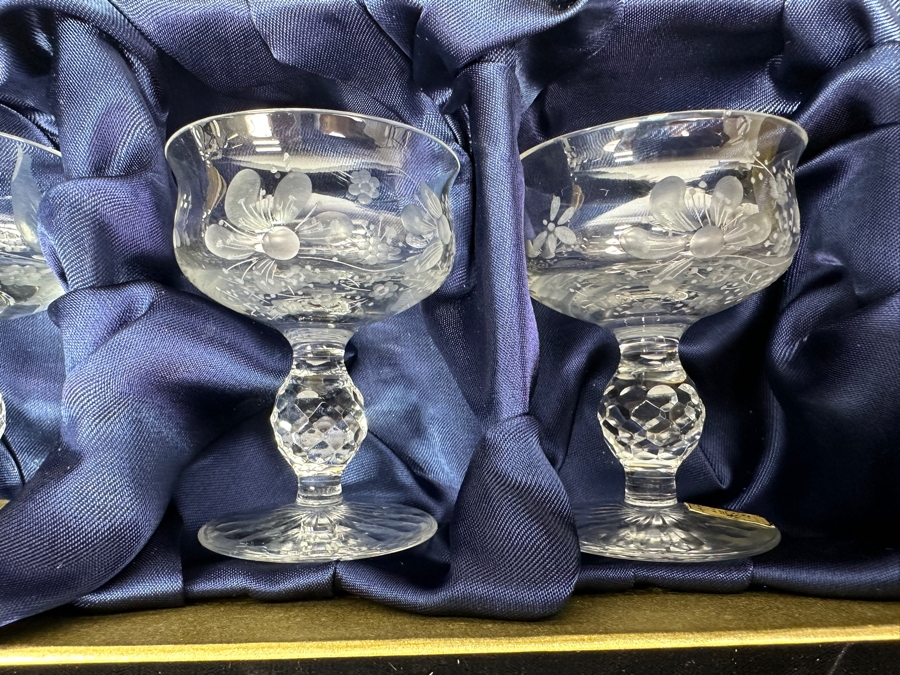 Rare Genuine Meissen (Germany) Cut Crystal Mouth-Blown Hand-Sanded Stemware Glasses Mixed 3 Different Patterns With Original Box - 6 Glasses Total 3-1/8'H [Photo 5]