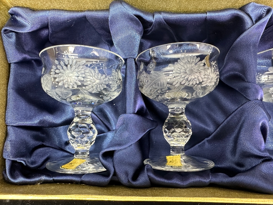 Rare Genuine Meissen (Germany) Cut Crystal Mouth-Blown Hand-Sanded Stemware Glasses Mixed 3 Different Patterns With Original Box - 6 Glasses Total 3-1/8'H [Photo 3]