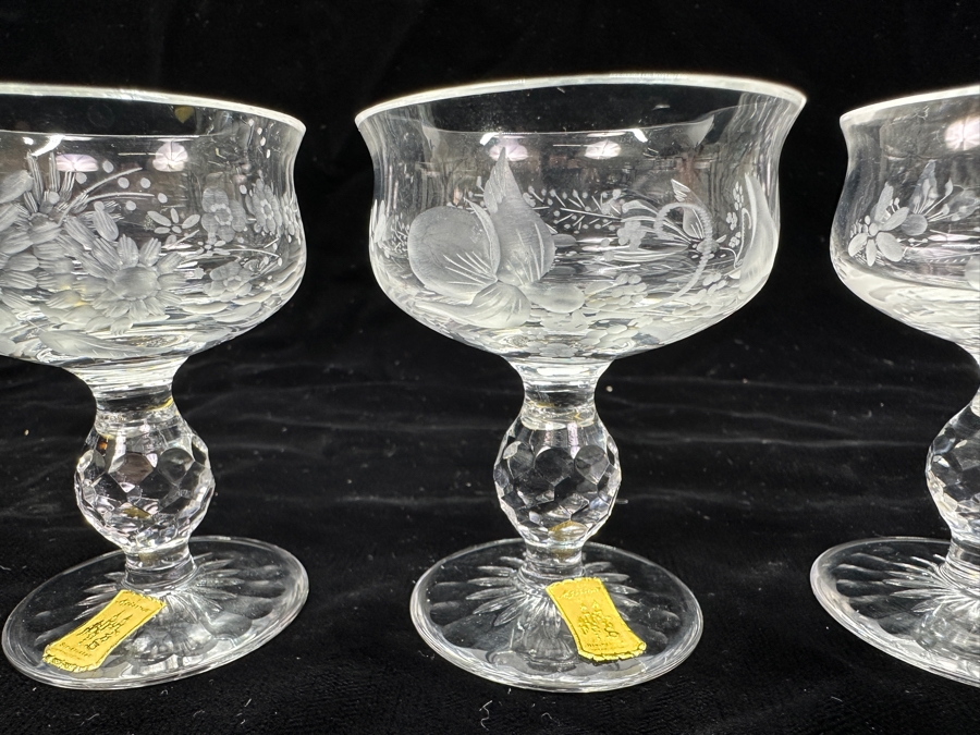Rare Genuine Meissen (Germany) Cut Crystal Mouth-Blown Hand-Sanded Stemware Glasses Mixed 3 Different Patterns With Original Box - 6 Glasses Total 3-1/8'H [Photo 8]