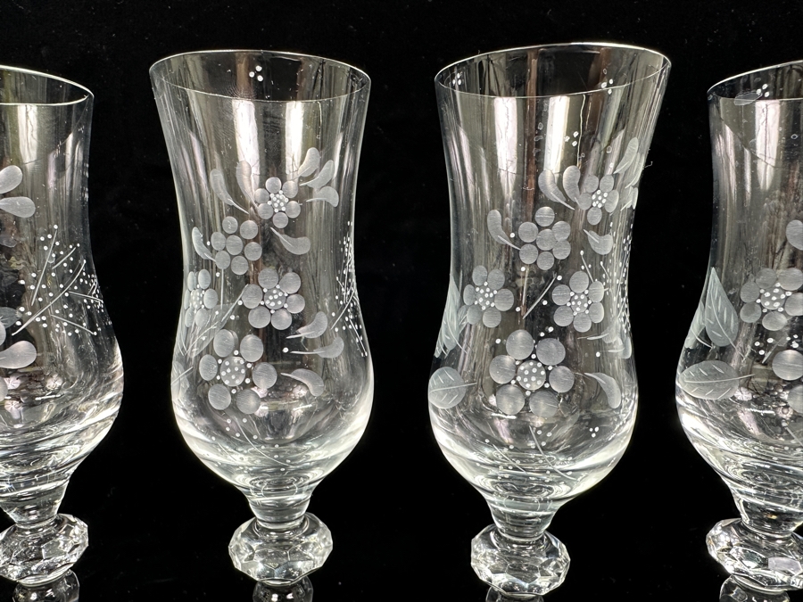 Rare Genuine Meissen (Germany) Cut Crystal Mouth-Blown Hand-Sanded Stemware Glasses Flower Pattern - 6 Glasses Total 8-7/8'H [Photo 4]