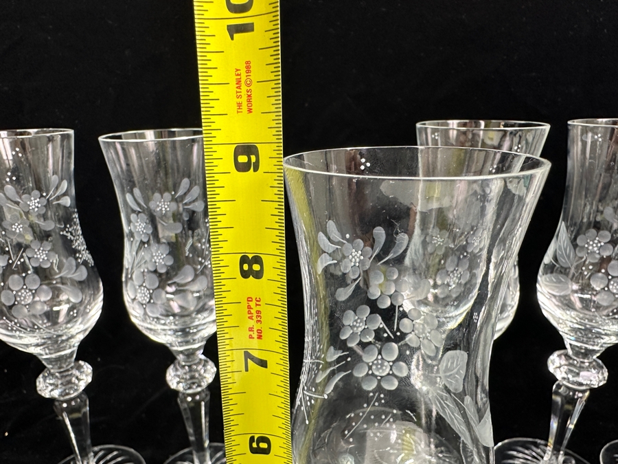 Rare Genuine Meissen (Germany) Cut Crystal Mouth-Blown Hand-Sanded Stemware Glasses Flower Pattern - 6 Glasses Total 8-7/8'H [Photo 9]