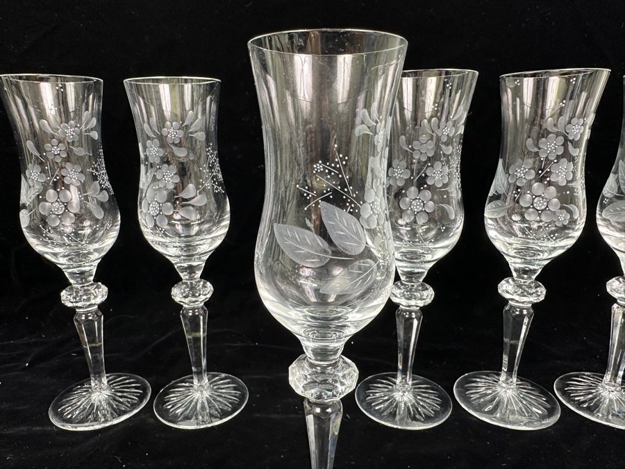 Rare Genuine Meissen (Germany) Cut Crystal Mouth-Blown Hand-Sanded Stemware Glasses Flower Pattern - 6 Glasses Total 8-7/8'H [Photo 7]