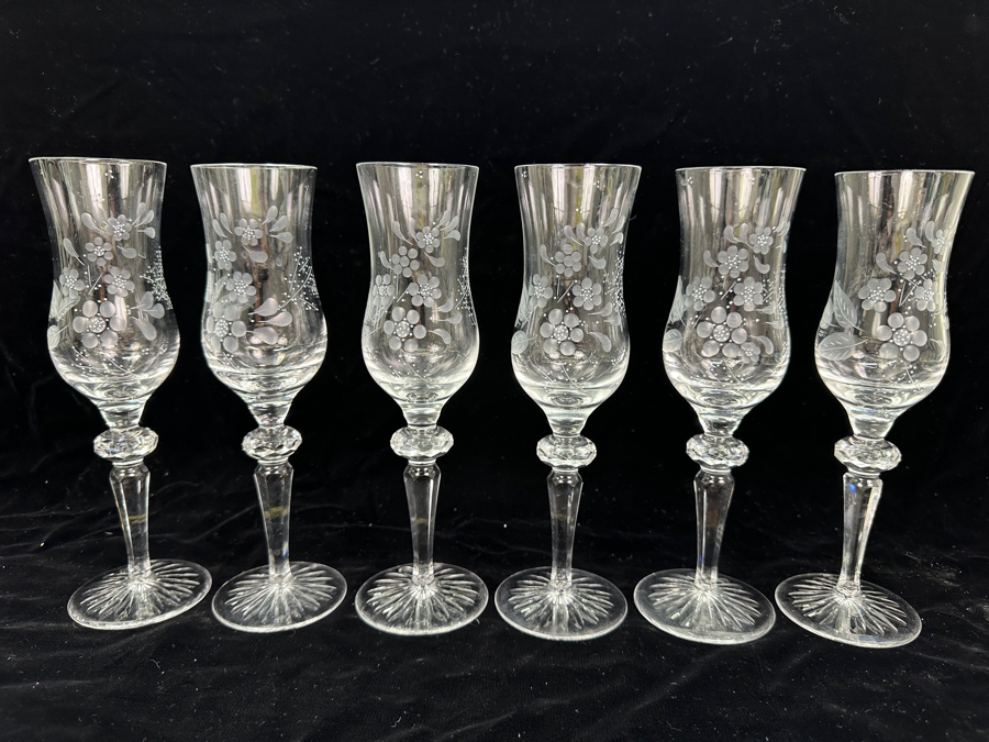 Rare Genuine Meissen (Germany) Cut Crystal Mouth-Blown Hand-Sanded Stemware Glasses Flower Pattern - 6 Glasses Total 8-7/8'H [Photo 2]