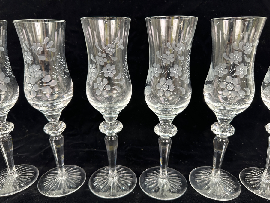 Rare Genuine Meissen (Germany) Cut Crystal Mouth-Blown Hand-Sanded Stemware Glasses Flower Pattern - 6 Glasses Total 8-7/8'H [Photo 3]