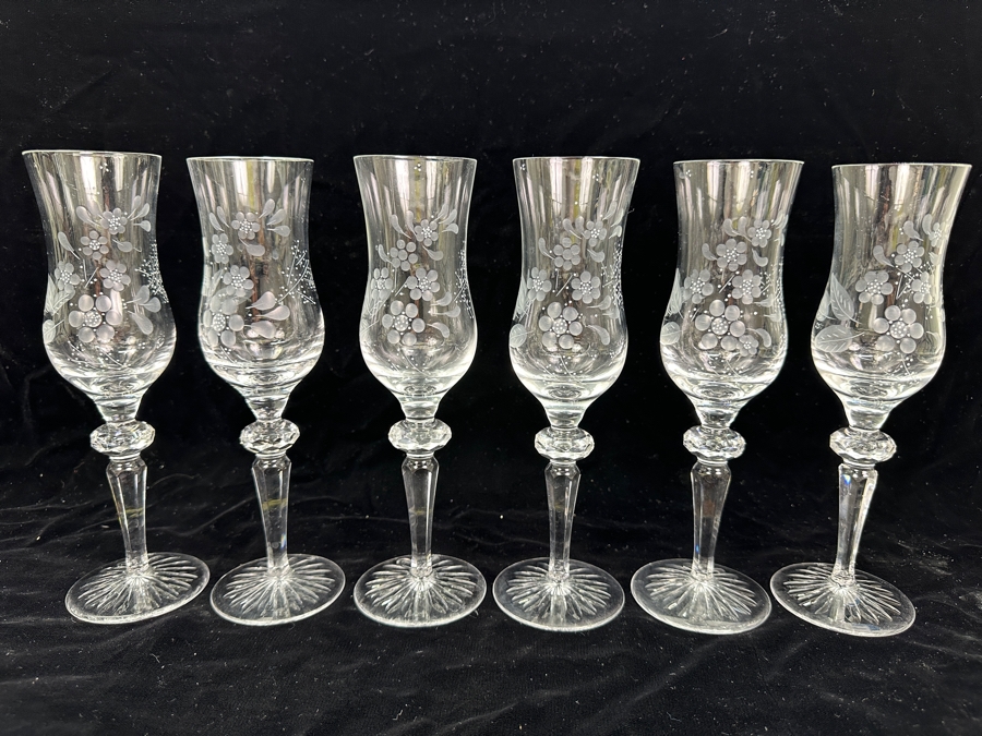 Rare Genuine Meissen (Germany) Cut Crystal Mouth-Blown Hand-Sanded Stemware Glasses Flower Pattern - 6 Glasses Total 8-7/8'H