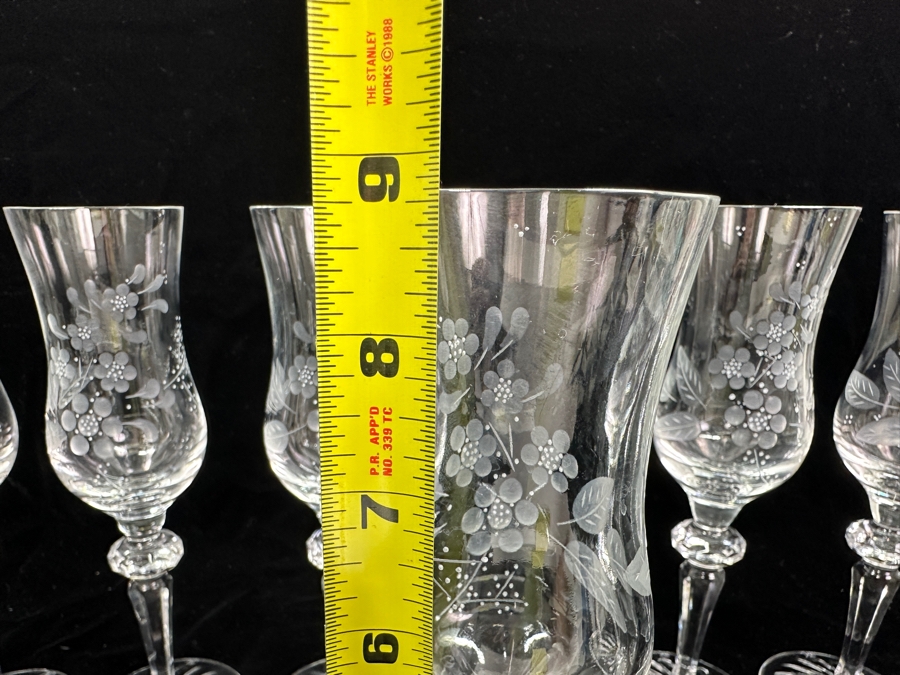 Rare Genuine Meissen (Germany) Cut Crystal Mouth-Blown Hand-Sanded Stemware Glasses Flower Pattern - 6 Glasses Total 8.75'H [Photo 6]