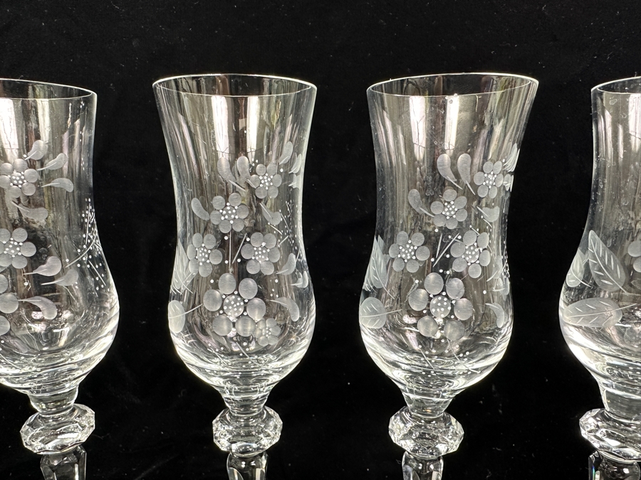 Rare Genuine Meissen (Germany) Cut Crystal Mouth-Blown Hand-Sanded Stemware Glasses Flower Pattern - 6 Glasses Total 8.75'H [Photo 2]