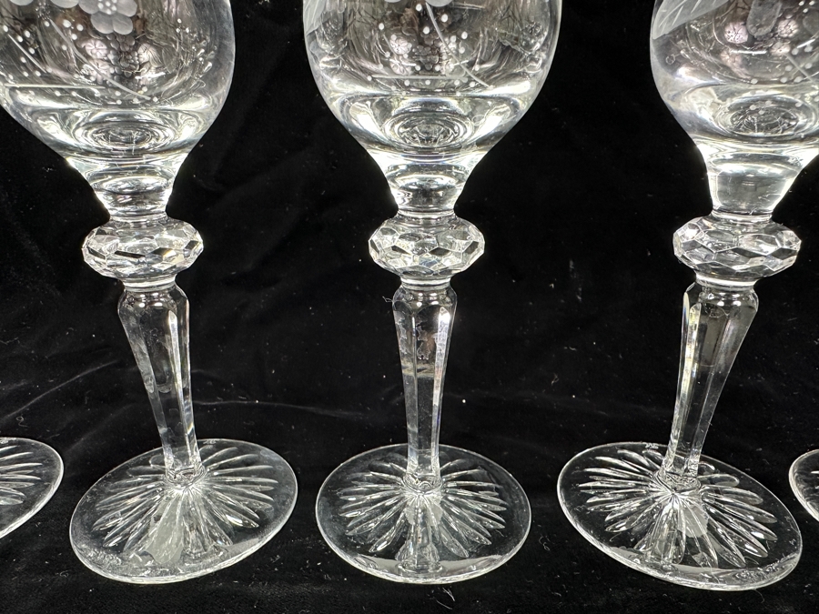 Rare Genuine Meissen (Germany) Cut Crystal Mouth-Blown Hand-Sanded Stemware Glasses Flower Pattern - 6 Glasses Total 8.75'H [Photo 4]