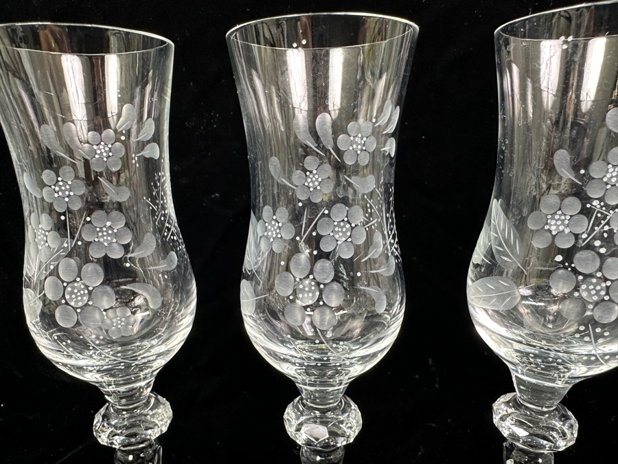Rare Genuine Meissen (Germany) Cut Crystal Mouth-Blown Hand-Sanded Stemware Glasses Flower Pattern - 6 Glasses Total 8.75'H [Photo 3]