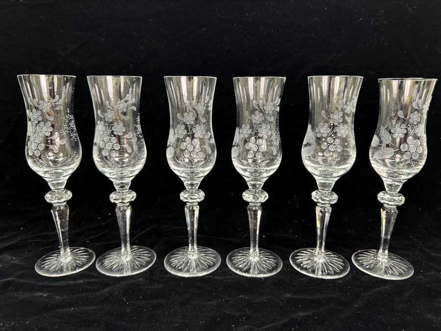 Rare Genuine Meissen (Germany) Cut Crystal Mouth-Blown Hand-Sanded Stemware Glasses Flower Pattern - 6 Glasses Total 8.75'H