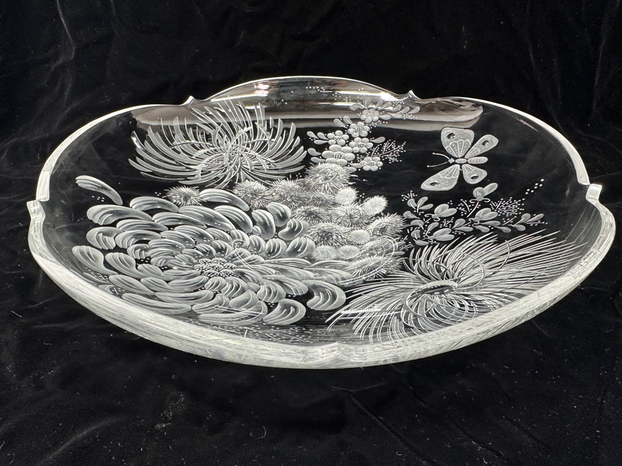 Stunning Rare Genuine Meissen (Germany) Cut Crystal Mouth-Blown Hand-Sanded Bowl Featuring Butterfly & Flowers 13.75W X 2.5H [Photo 12]