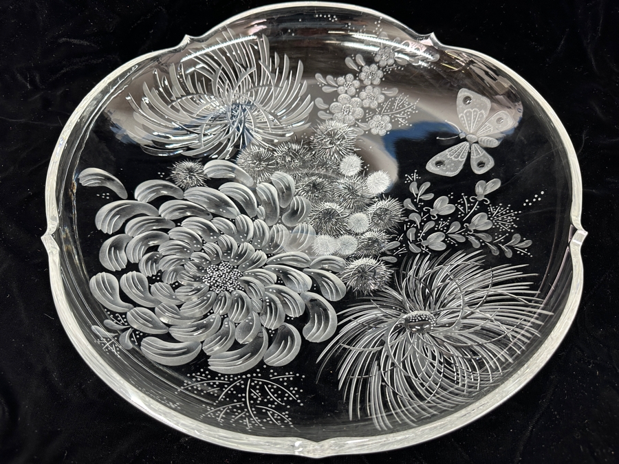 Stunning Rare Genuine Meissen (Germany) Cut Crystal Mouth-Blown Hand-Sanded Bowl Featuring Butterfly & Flowers 13.75W X 2.5H [Photo 2]