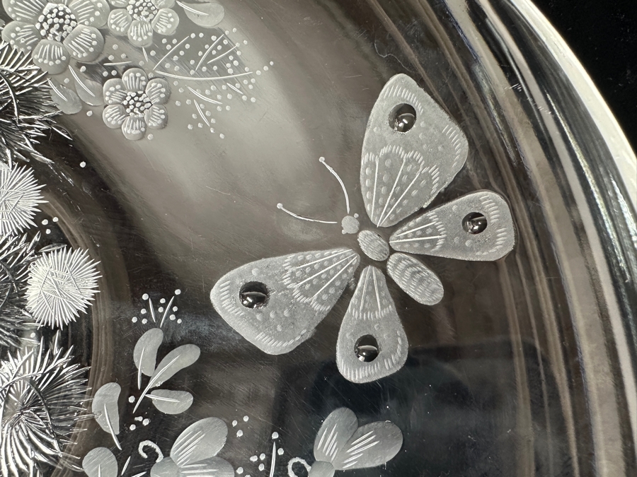 Stunning Rare Genuine Meissen (Germany) Cut Crystal Mouth-Blown Hand-Sanded Bowl Featuring Butterfly & Flowers 13.75W X 2.5H [Photo 9]