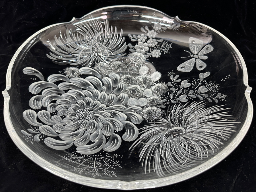 Stunning Rare Genuine Meissen (Germany) Cut Crystal Mouth-Blown Hand-Sanded Bowl Featuring Butterfly & Flowers 13.75W X 2.5H [Photo 4]