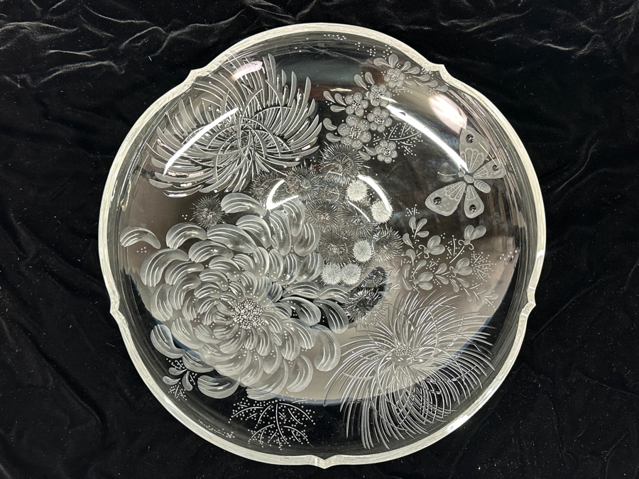 Stunning Rare Genuine Meissen (Germany) Cut Crystal Mouth-Blown Hand-Sanded Bowl Featuring Butterfly & Flowers 13.75W X 2.5H [Photo 13]