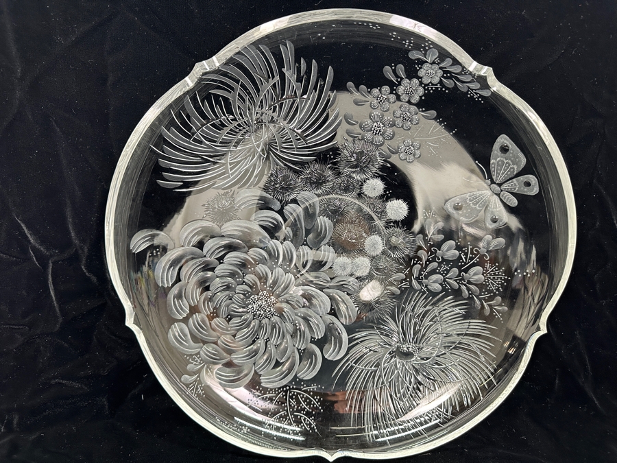 Stunning Rare Genuine Meissen (Germany) Cut Crystal Mouth-Blown Hand-Sanded Bowl Featuring Butterfly & Flowers 13.75W X 2.5H [Photo 6]