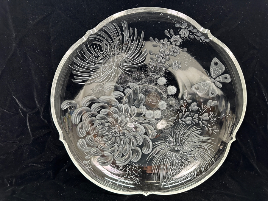 Stunning Rare Genuine Meissen (Germany) Cut Crystal Mouth-Blown Hand-Sanded Bowl Featuring Butterfly & Flowers 13.75W X 2.5H [Photo 5]