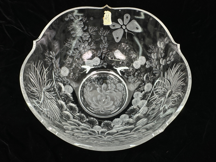 Stunning Rare Genuine Meissen (Germany) Cut Crystal Mouth-Blown Hand-Sanded Bowl Featuring Butterfly & Flowers 11.5W X 6.25H [Photo 4]