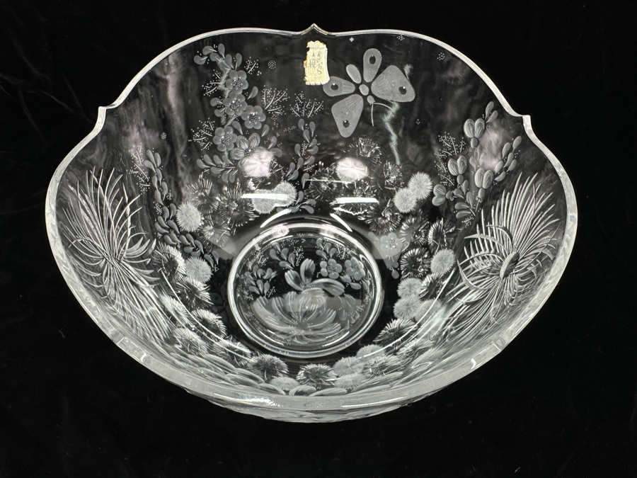 Stunning Rare Genuine Meissen (Germany) Cut Crystal Mouth-Blown Hand-Sanded Bowl Featuring Butterfly & Flowers 11.5W X 6.25H [Photo 3]