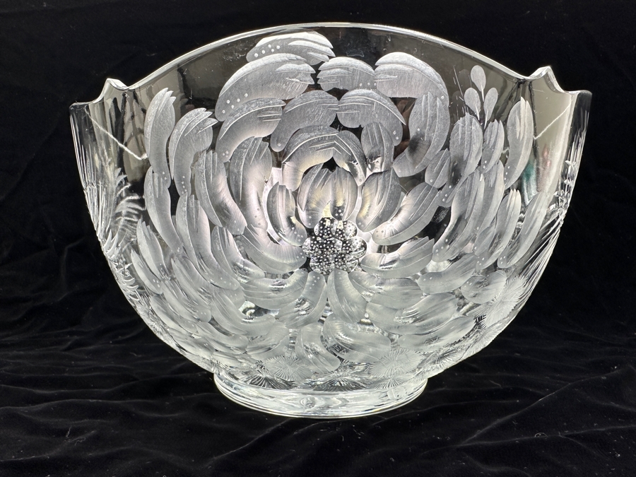 Stunning Rare Genuine Meissen (Germany) Cut Crystal Mouth-Blown Hand-Sanded Bowl Featuring Butterfly & Flowers 11.5W X 6.25H [Photo 6]
