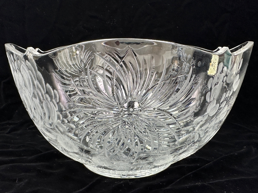 Stunning Rare Genuine Meissen (Germany) Cut Crystal Mouth-Blown Hand-Sanded Bowl Featuring Butterfly & Flowers 11.5W X 6.25H [Photo 8]