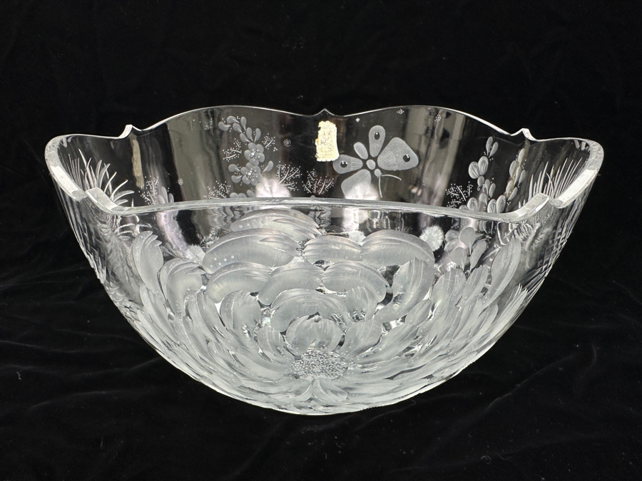 Stunning Rare Genuine Meissen (Germany) Cut Crystal Mouth-Blown Hand-Sanded Bowl Featuring Butterfly & Flowers 11.5W X 6.25H