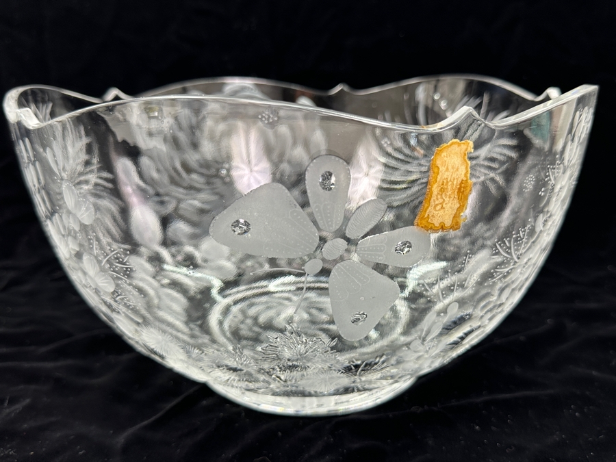 Stunning Rare Genuine Meissen (Germany) Cut Crystal Mouth-Blown Hand-Sanded Bowl Featuring Butterfly & Flowers 11.5W X 6.25H [Photo 10]