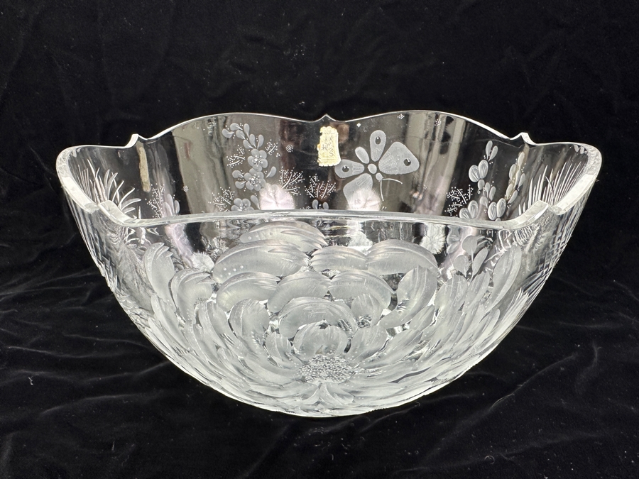 Stunning Rare Genuine Meissen (Germany) Cut Crystal Mouth-Blown Hand-Sanded Bowl Featuring Butterfly & Flowers 11.5W X 6.25H [Photo 2]