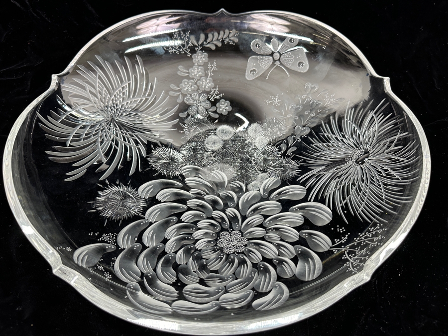 Stunning Rare Genuine Meissen (Germany) Cut Crystal Mouth-Blown Hand-Sanded Bowl Featuring Butterfly & Flowers 14W X 3.25H [Photo 1]