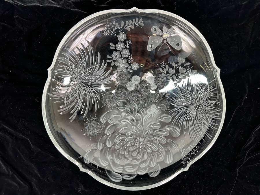Stunning Rare Genuine Meissen (Germany) Cut Crystal Mouth-Blown Hand-Sanded Bowl Featuring Butterfly & Flowers 14W X 3.25H [Photo 7]