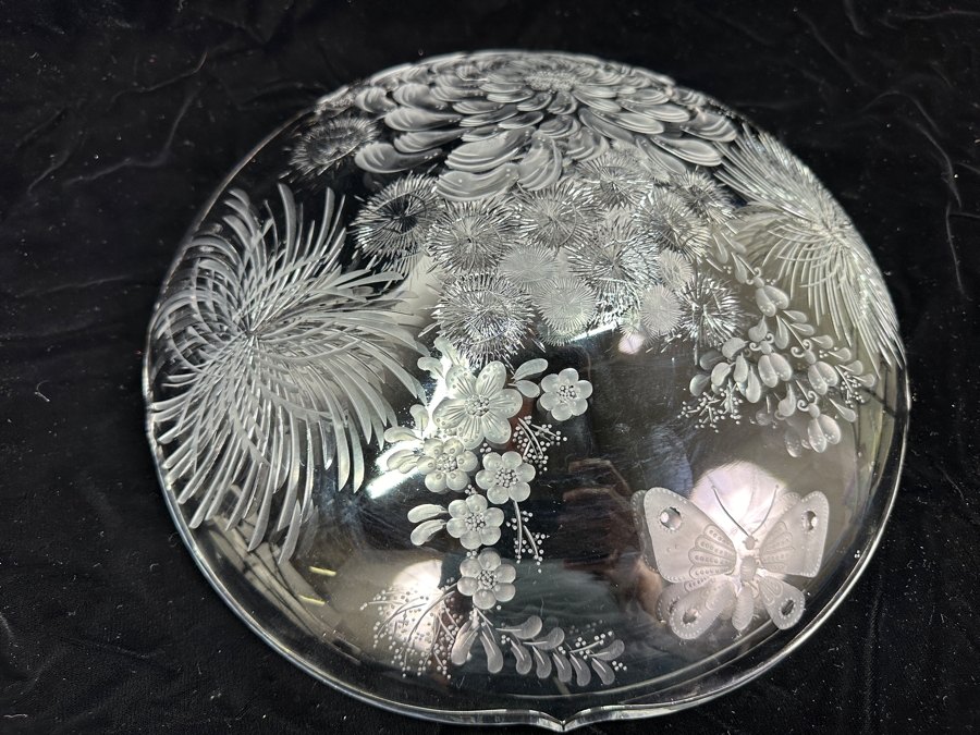 Stunning Rare Genuine Meissen (Germany) Cut Crystal Mouth-Blown Hand-Sanded Bowl Featuring Butterfly & Flowers 14W X 3.25H [Photo 8]