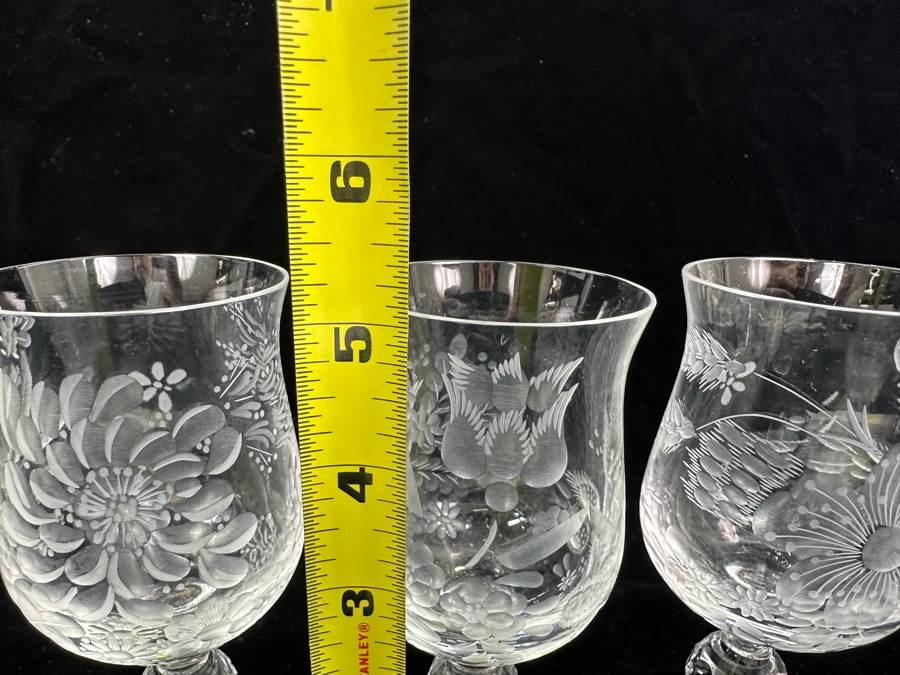 Rare Genuine Meissen (Germany) Cut Crystal Mouth-Blown Hand-Sanded Stemware Glasses Mixed 3 Different Patterns With Original Box - 6 Glasses Total 5-1/8'H [Photo 11]