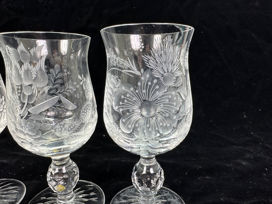 Rare Genuine Meissen (Germany) Cut Crystal Mouth-Blown Hand-Sanded Stemware Glasses Mixed 3 Different Patterns With Original Box - 6 Glasses Total 5-1/8'H [Photo 8]