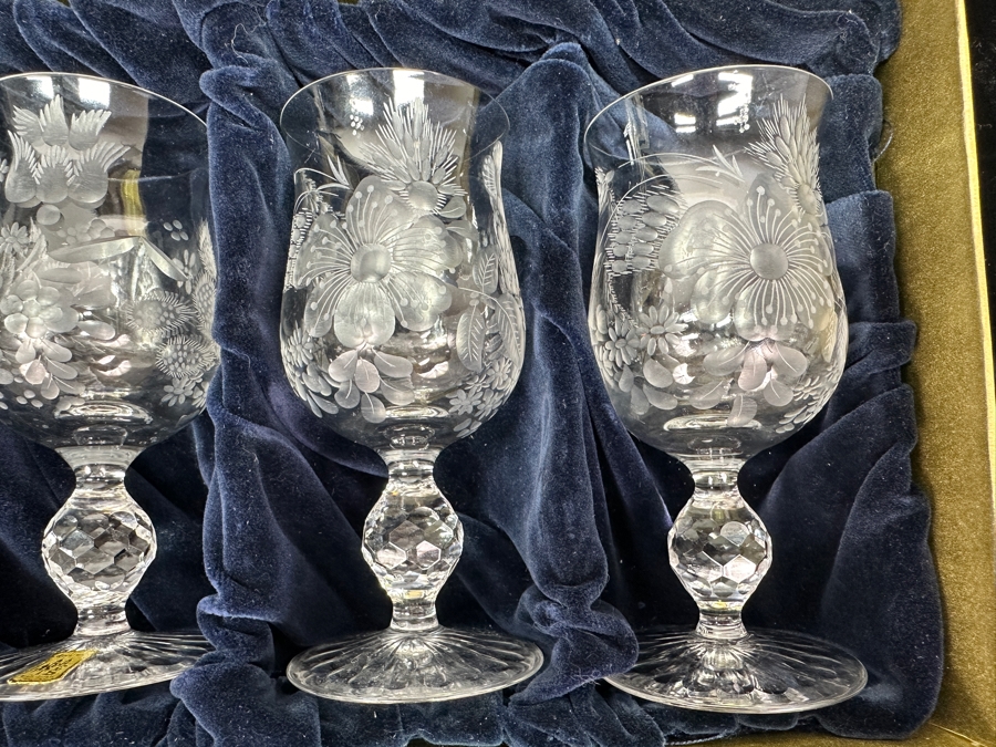 Rare Genuine Meissen (Germany) Cut Crystal Mouth-Blown Hand-Sanded Stemware Glasses Mixed 3 Different Patterns With Original Box - 6 Glasses Total 5-1/8'H [Photo 5]