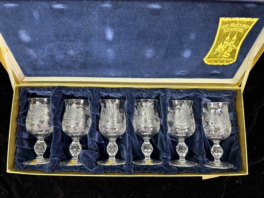 Rare Genuine Meissen (Germany) Cut Crystal Mouth-Blown Hand-Sanded Stemware Glasses Mixed 3 Different Patterns With Original Box - 6 Glasses Total 5-1/8'H [Photo 1]