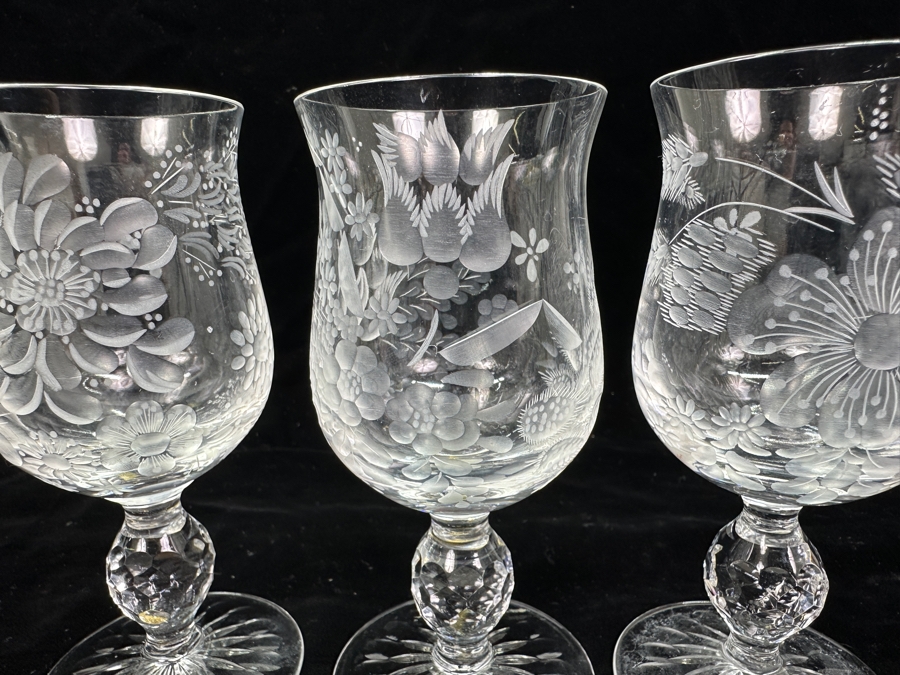 Rare Genuine Meissen (Germany) Cut Crystal Mouth-Blown Hand-Sanded Stemware Glasses Mixed 3 Different Patterns With Original Box - 6 Glasses Total 5-1/8'H [Photo 7]